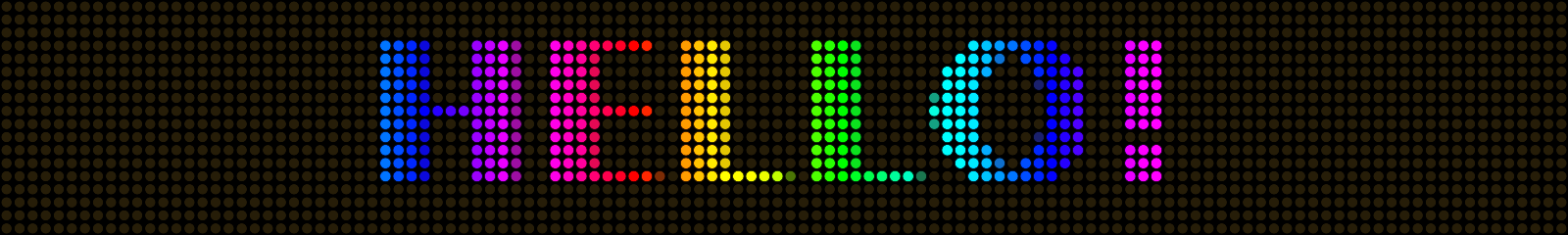 HELLO! in rainbow LED dots on a black sign.